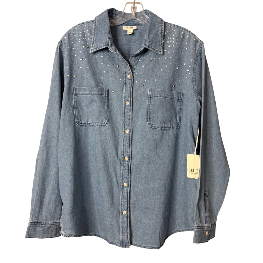 a.n.a Denim Shirt Women Large Blue Rhinestone Embellished Relaxed Fit NEW Cotton